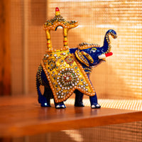 Hand carved, trunk up metal elephant with colourful inlay work