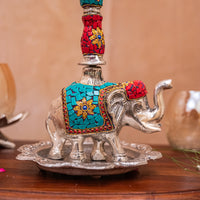 Elephant and peacock Diya with Tangerine Quartz and Lapis Lazuli Details