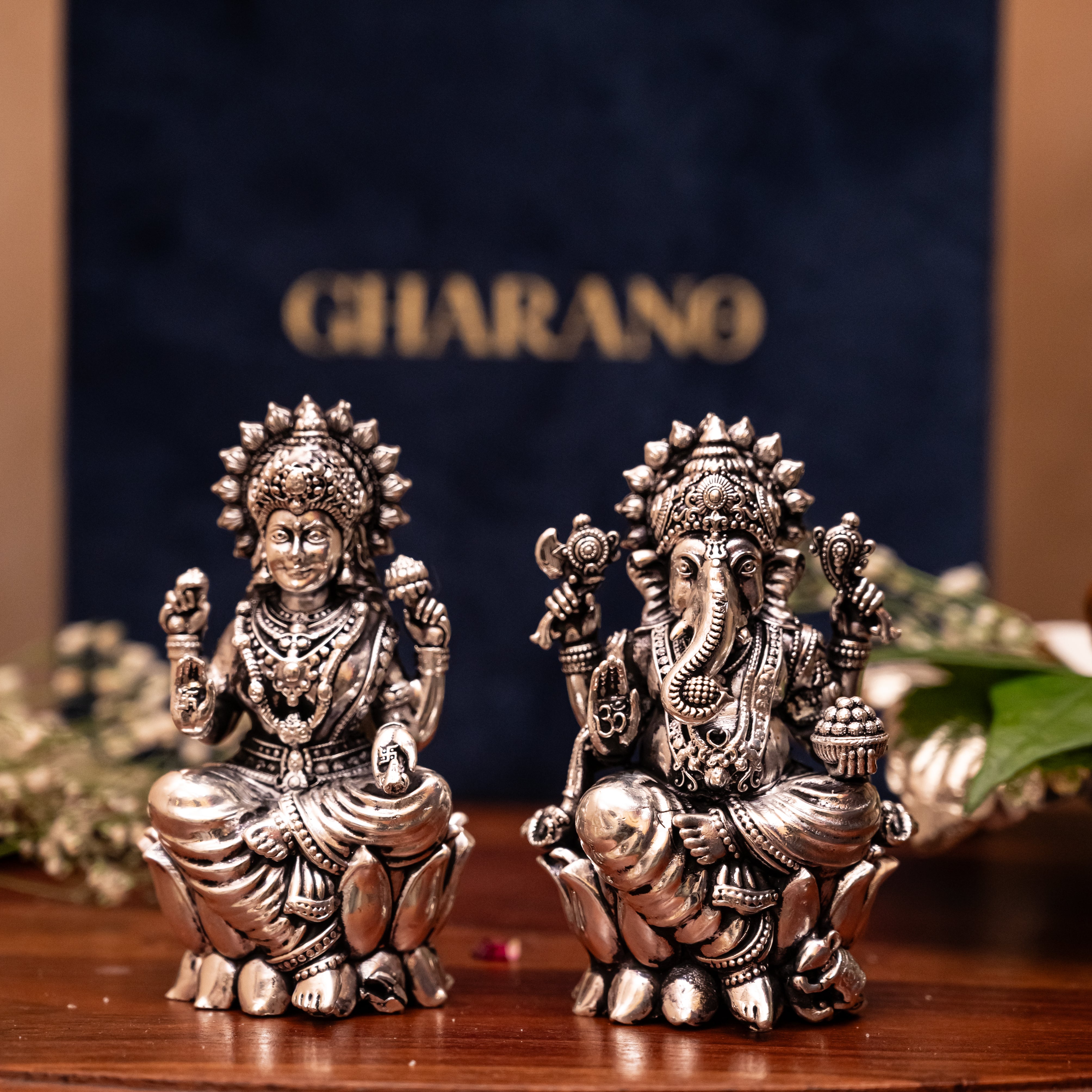 Premium Hand-Carved Silver-Plated Laxmi Ganesh Statue