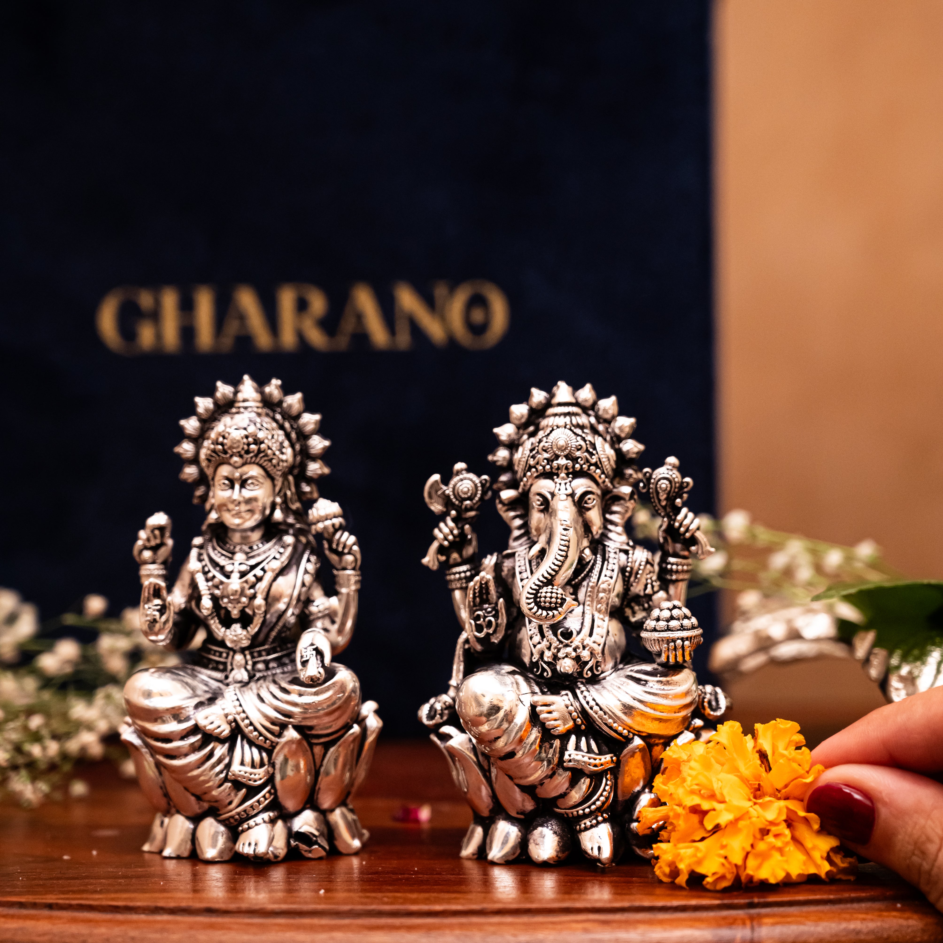 Premium Hand-Carved Silver-Plated Laxmi Ganesh Statue