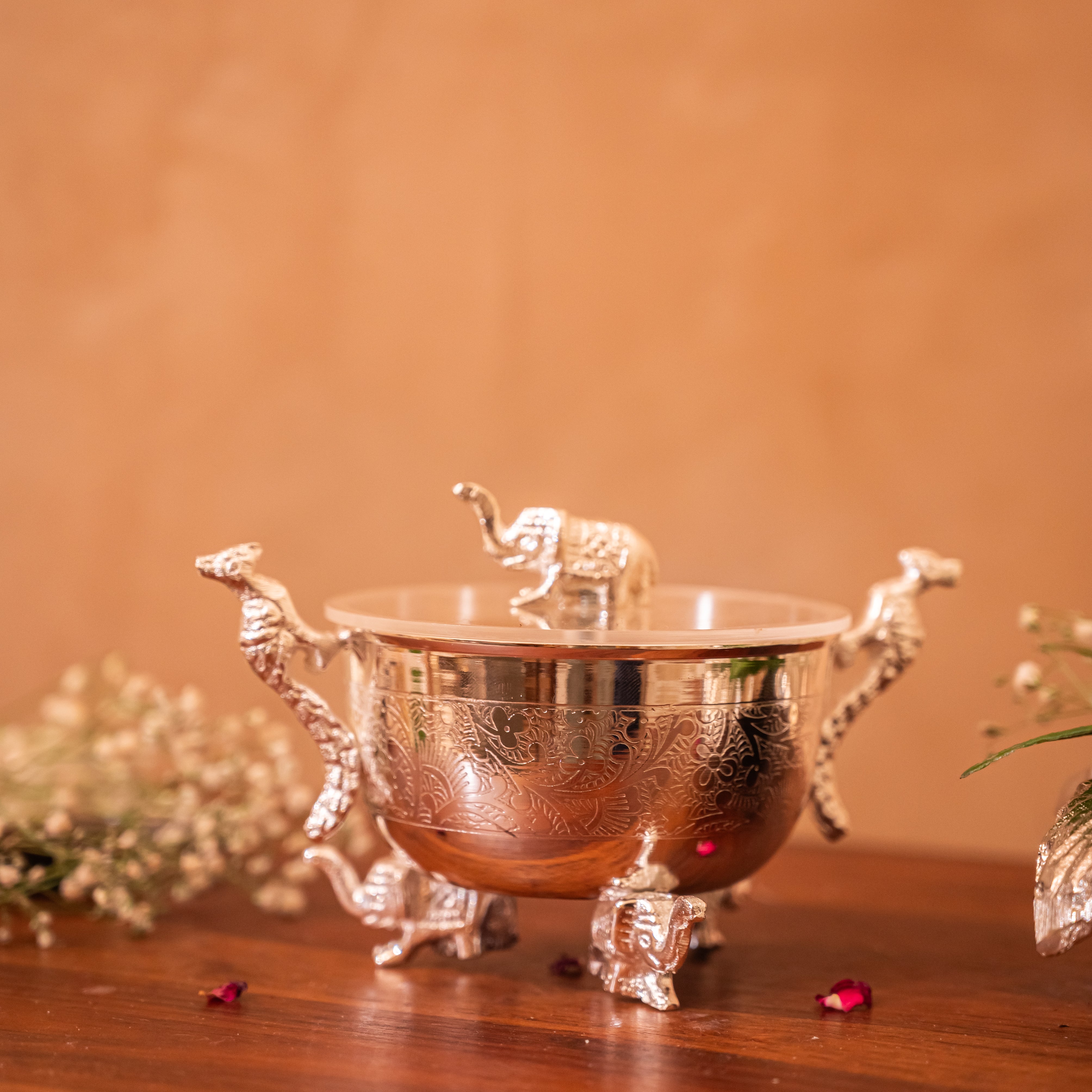 Premium Silver-Plated Elephant and Peacock Dry Fruit Bowl single