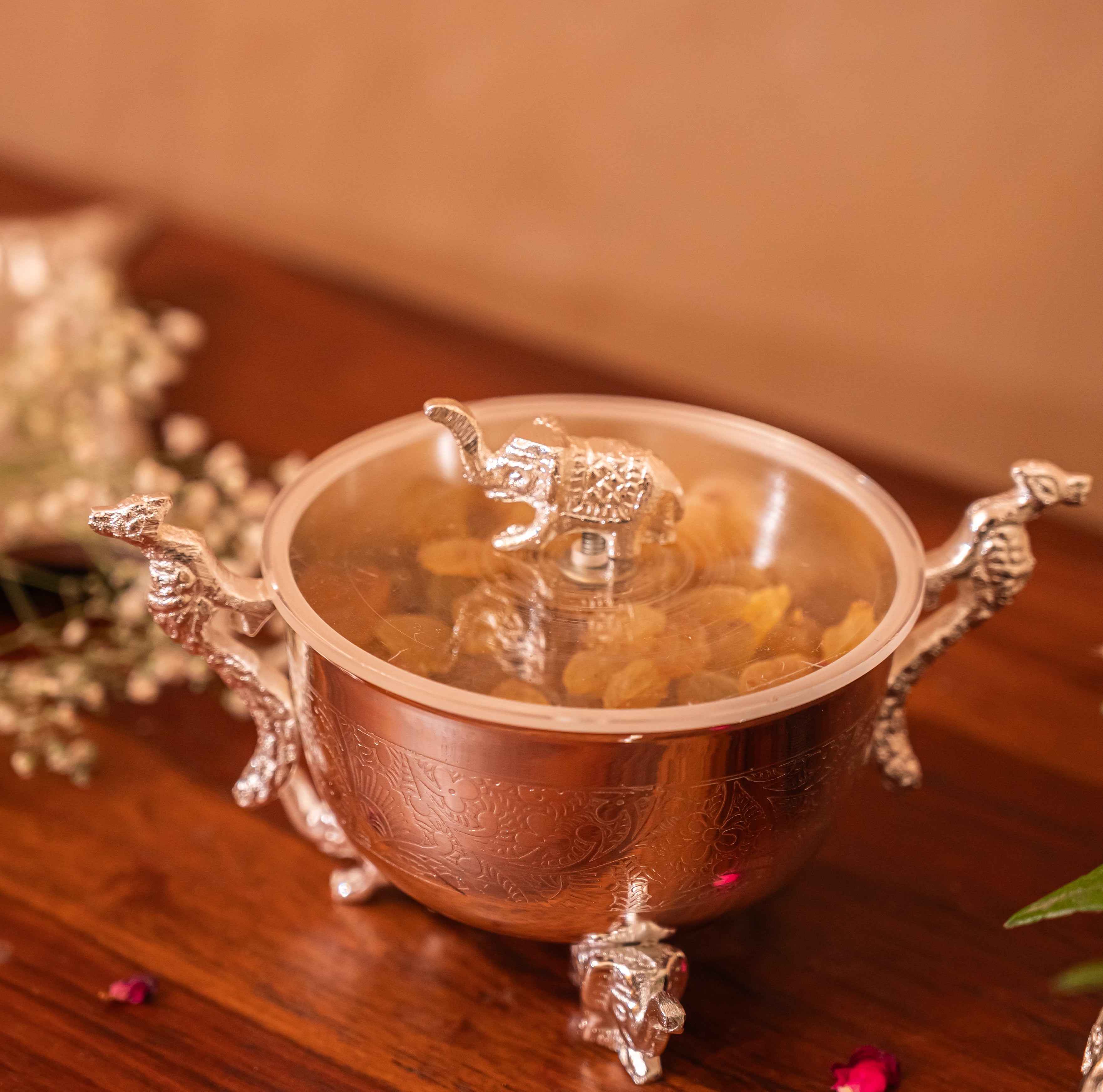 Premium Silver-Plated Elephant and Peacock Dry Fruit Bowl single