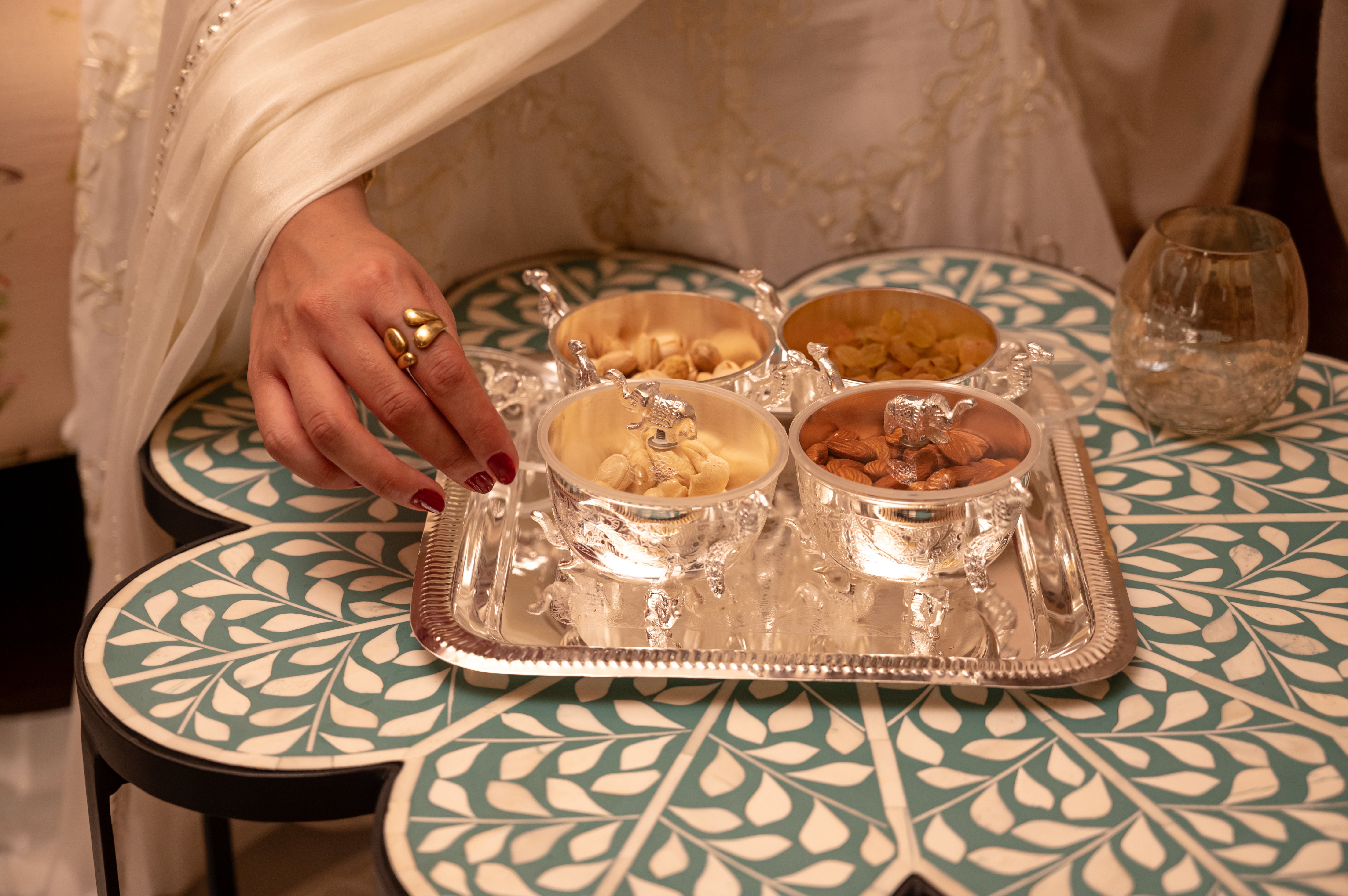 Premium Silver-Plated Elephant and Peacock Dry Fruit Bowl set of 4 with Tray