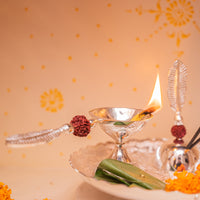 Premium silver-plated Pooja Thali with Elephant Stand and Rudraksh Accents