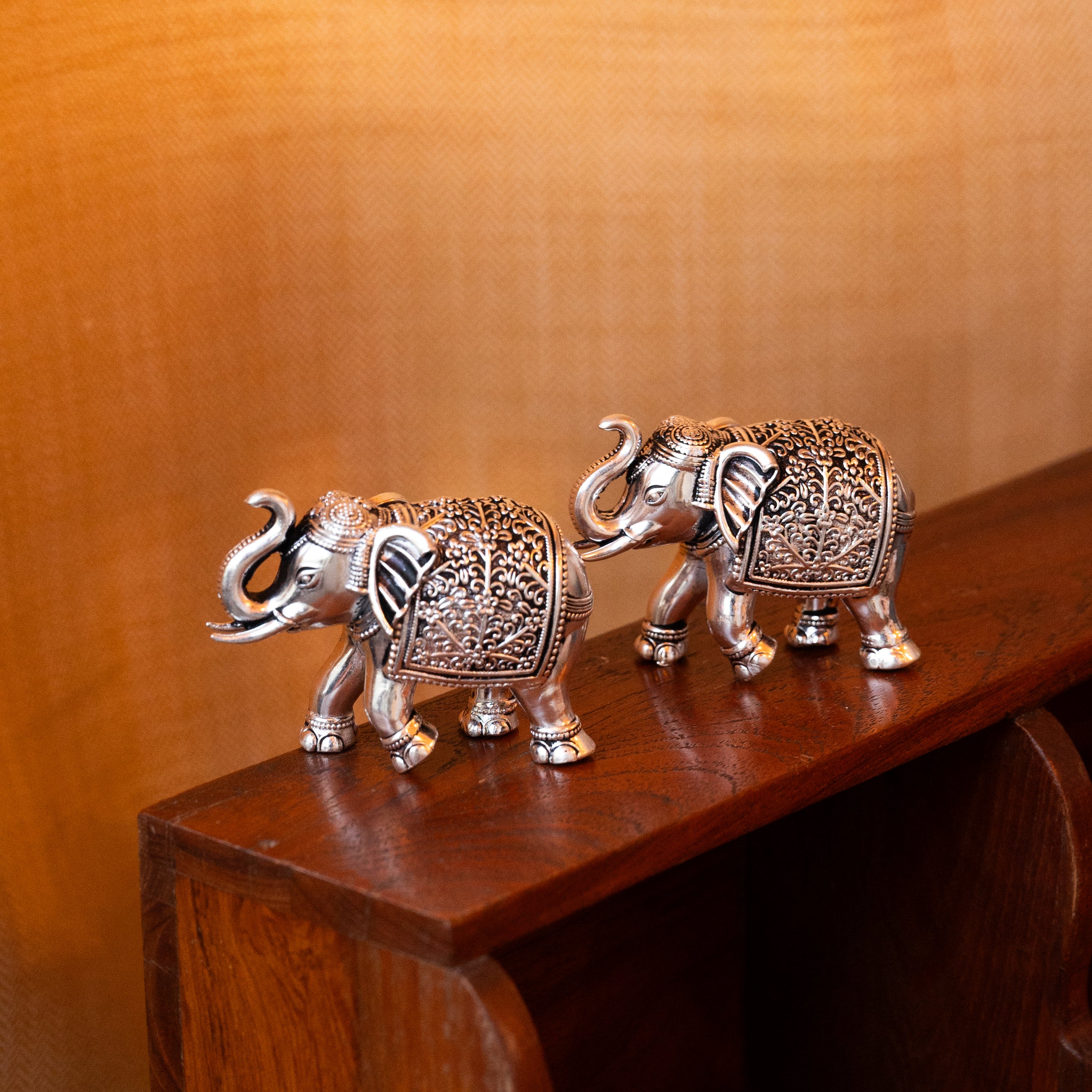 Set of 2 Premium Hand-Carved Brass Elephants with Silver Plating