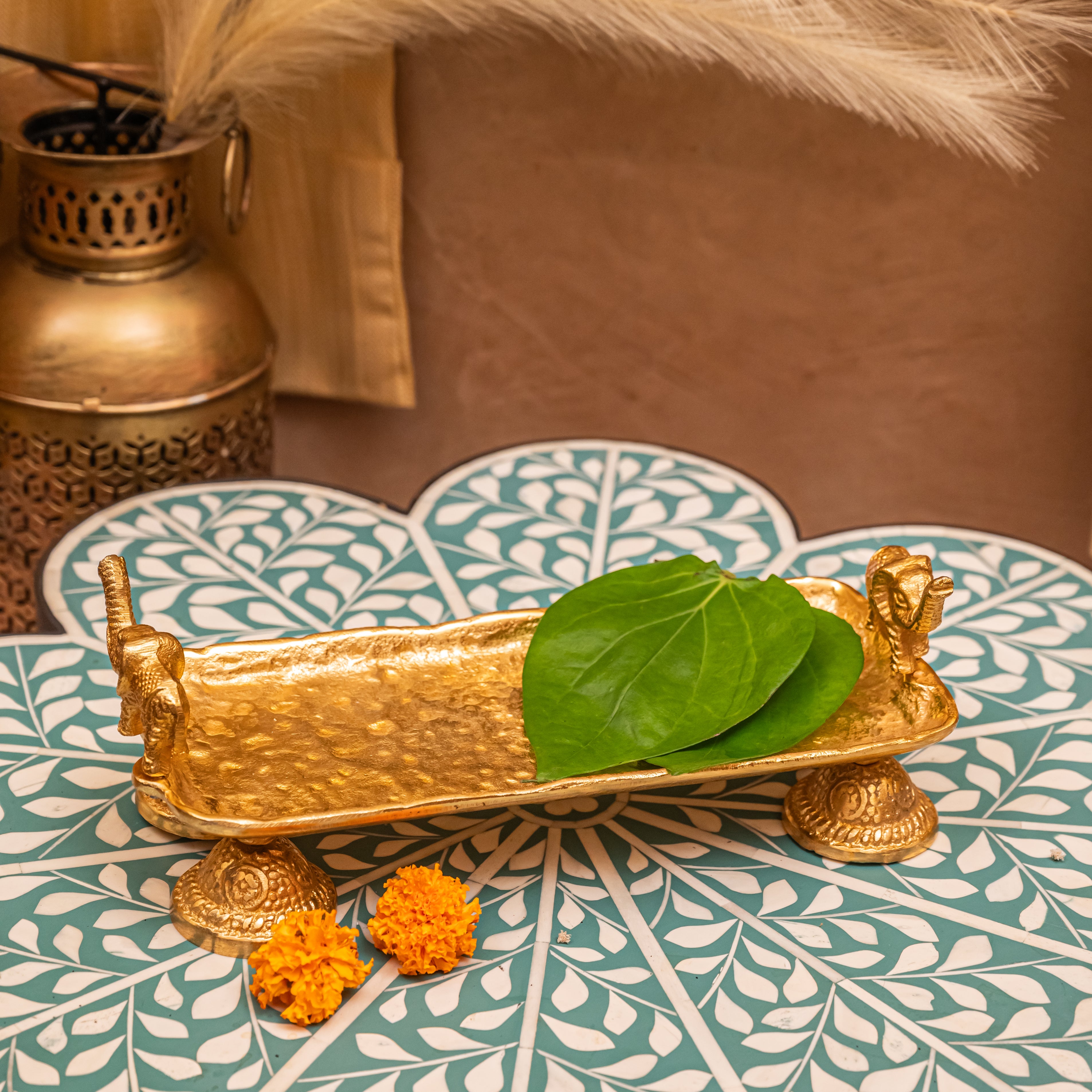 Gold-Plated Elephant-Handled Serving Tray