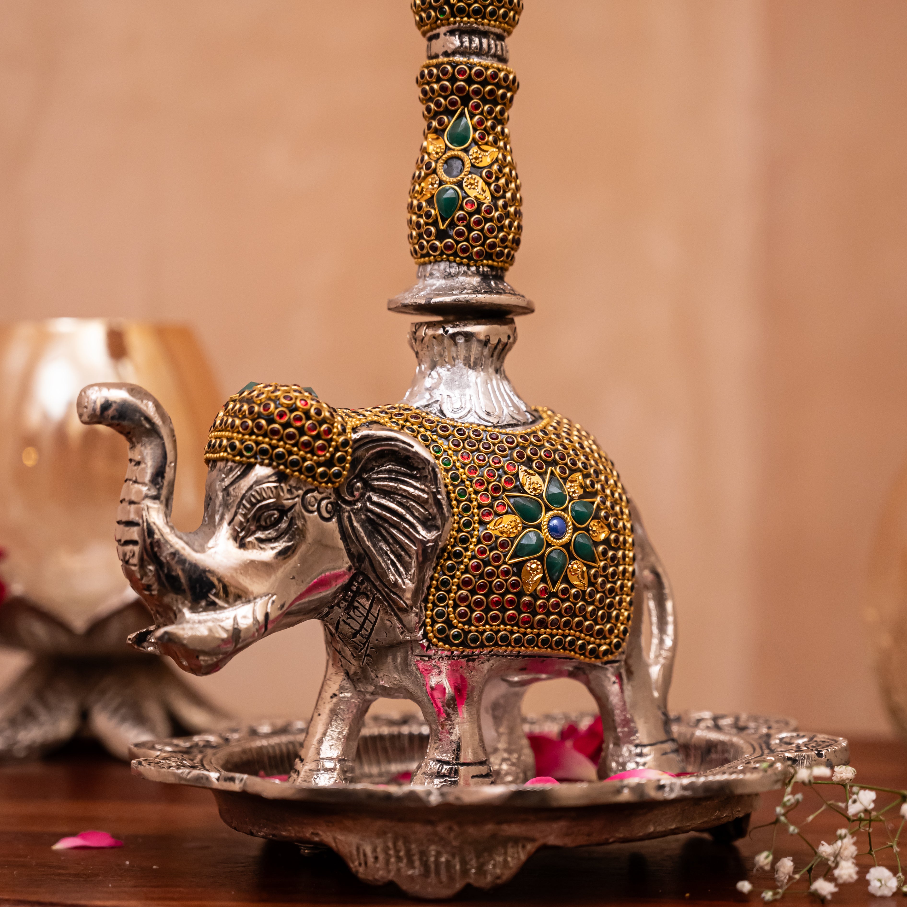 Stonework Elephant & Peacock Decorative Diya